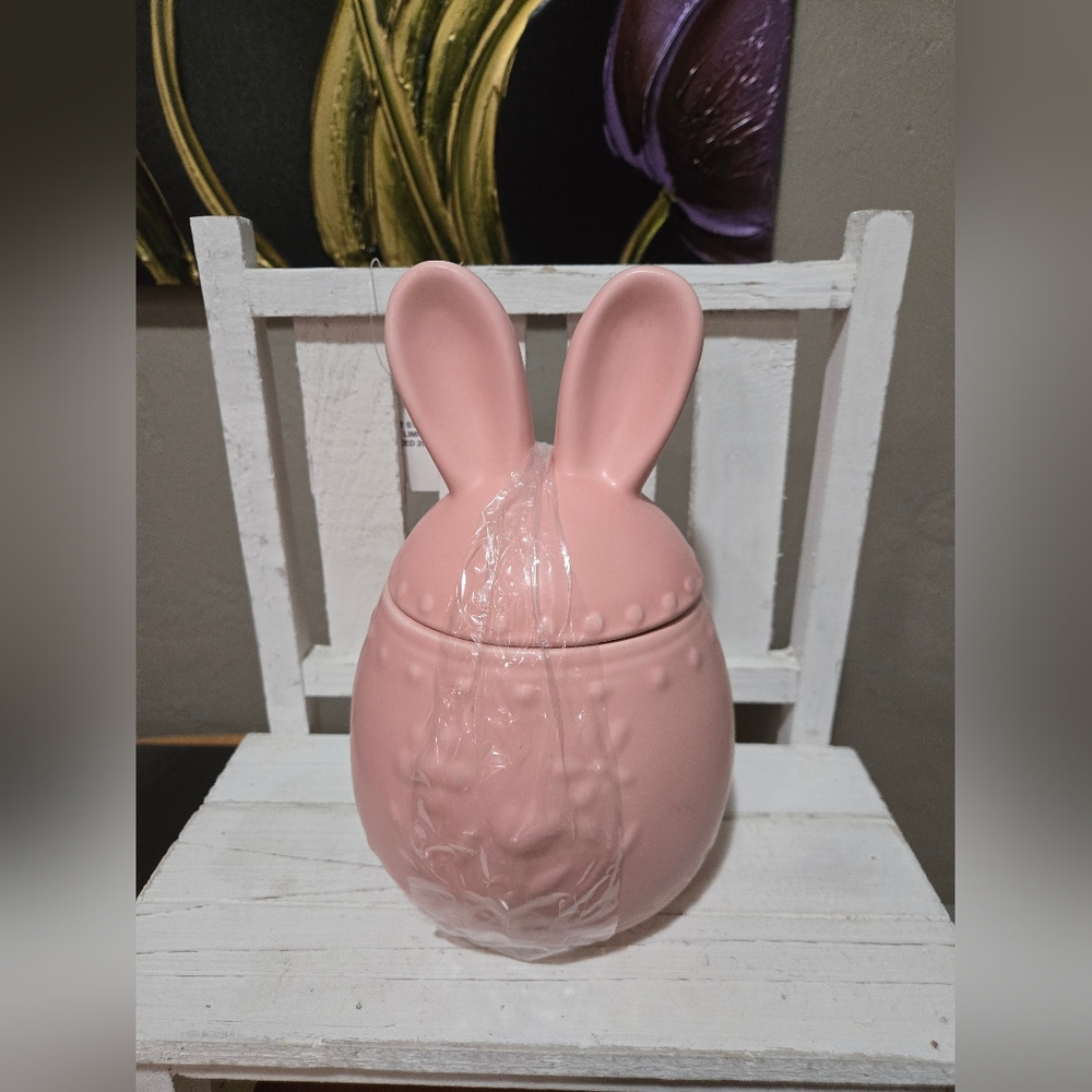 Ceramic Pink Bunny Rabbit Ears Jar Egg Canister With Spring Flowers
